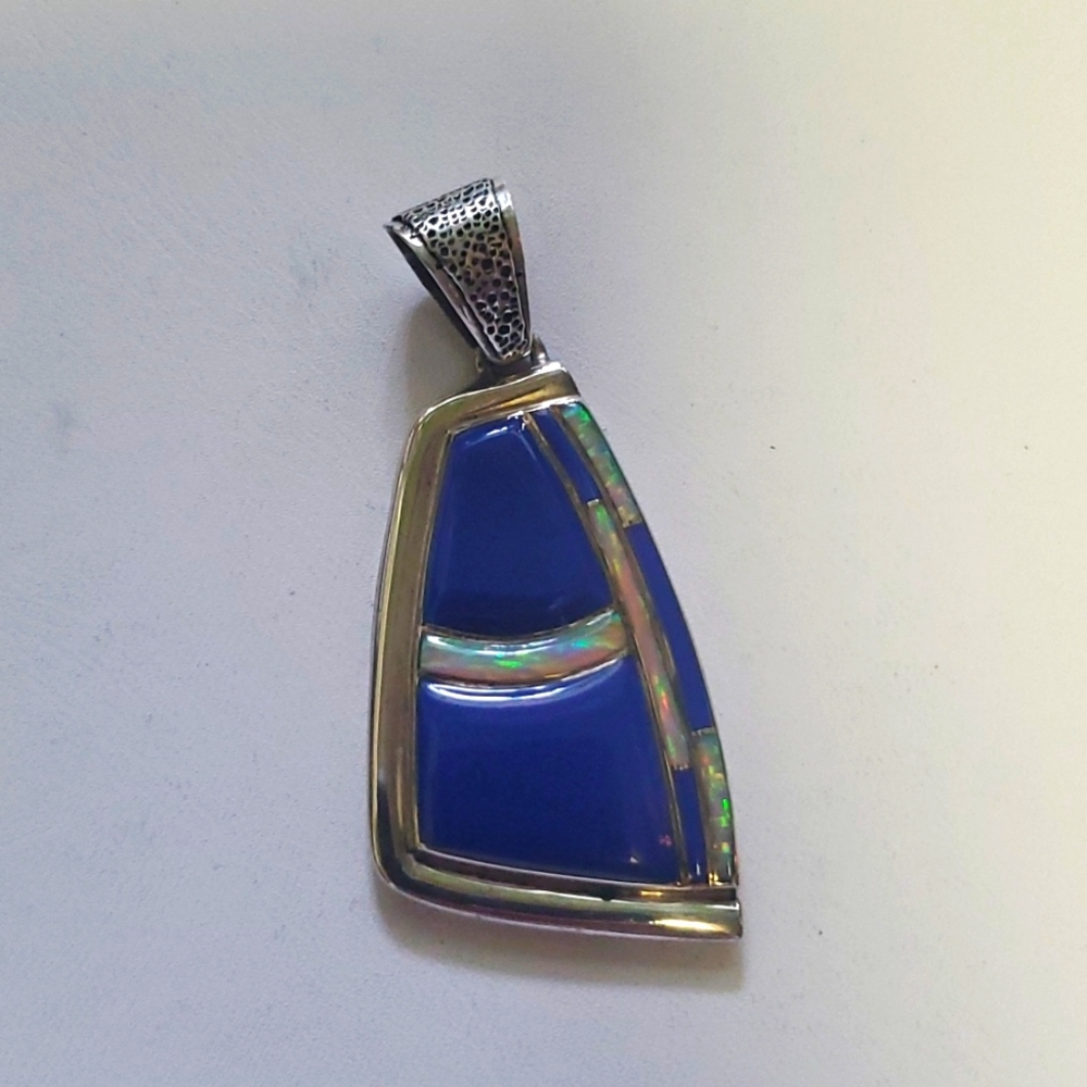Native American Blue Lapis with Opal inlay, Sterling Silver pendant.